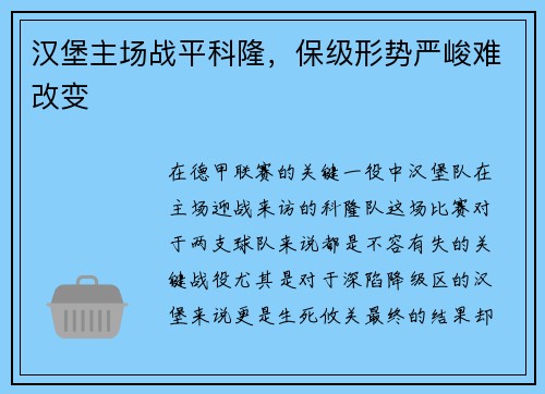 汉堡主场战平科隆，保级形势严峻难改变